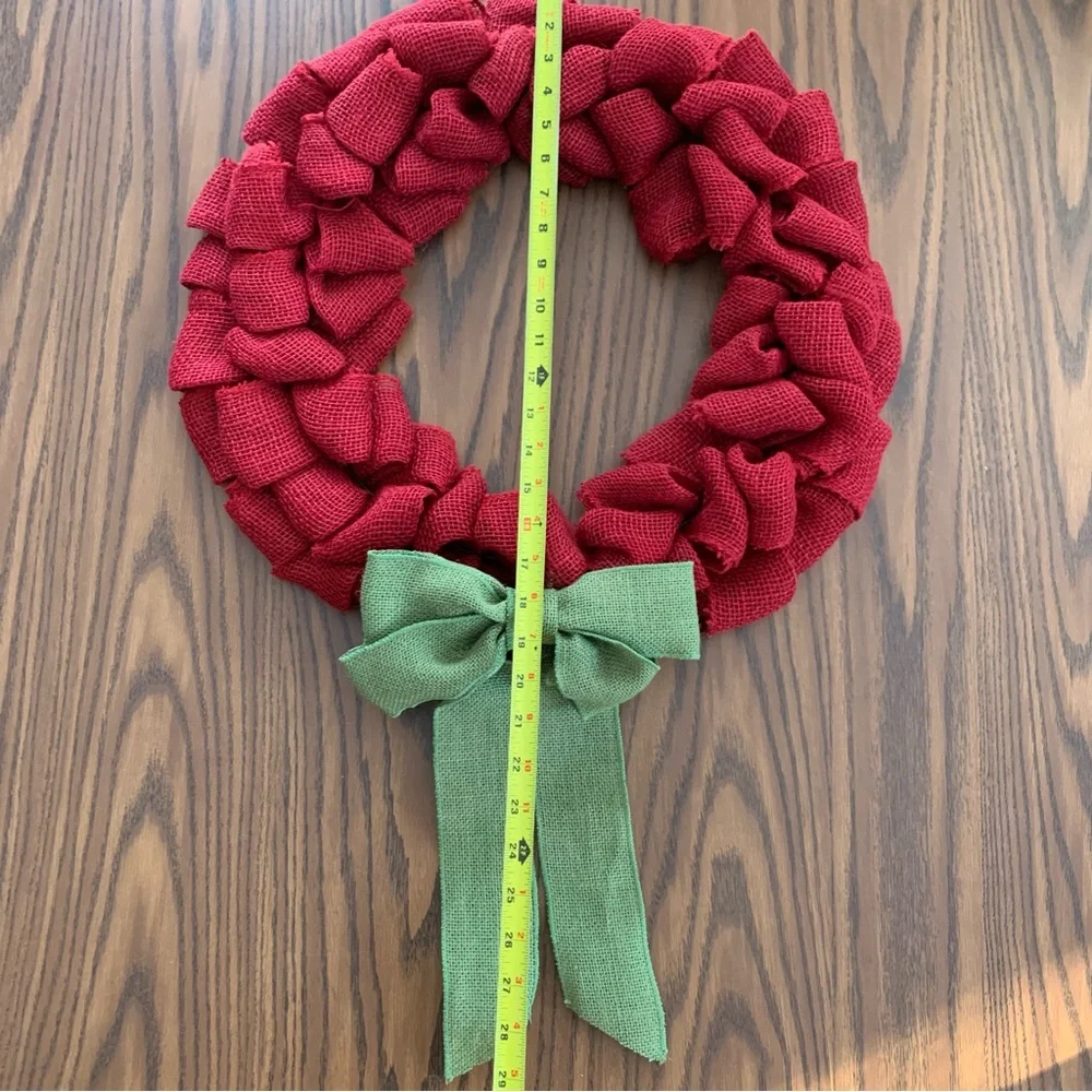 Red & Green Bow Burlap Wreath – Weaved Holiday Decoration – Thick Wire Frame